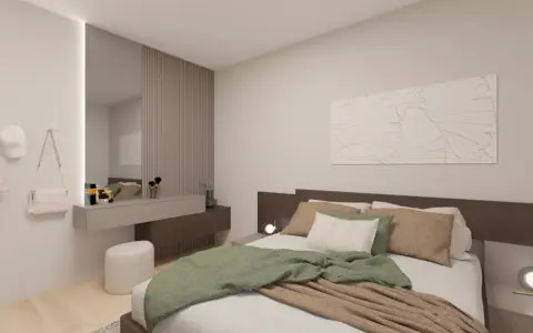 Camera da letto con idee originali: letto accogliente, specchio a parete, toeletta con cosmetici e appendiabiti.