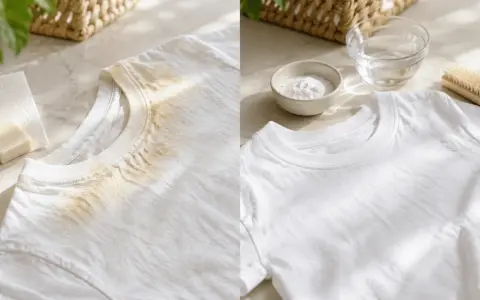 T-shirt avec une tache de crème solaire à gauche, et un t-shirt propre à droite, prêt à être lavé.