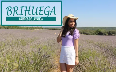 Joven sonríe en los campos de lavanda de Brihuega, con un sombrero de paja y ropa veraniega.