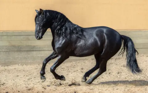 Schwarzes Pferd mit wallender Mähne galoppiert nicht an, sondern hebt kraftvoll die Hufe im Sand.