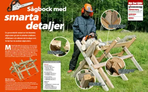 Man bygga sågbock med smarta detaljer för snabbare och säkrare vedhantering. Bilden visar en person som använder en motorsåg på en sådan.