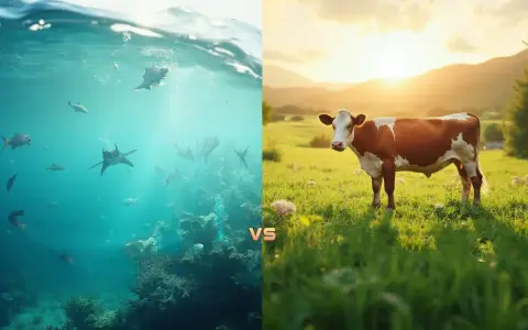 Comparaison entre le collagène bovin et marin : une vache dans un pré ensoleillé face à des poissons et requins dans l'océan.
