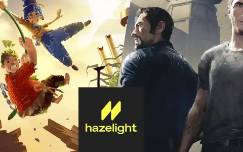 Dos personajes animados y dos hombres realistas, buscando a way out 2. Logo de Hazelight.