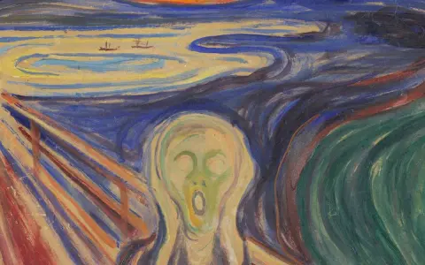 Le Cri d'Edvard Munch : une figure déformée hurle sur un paysage tourbillonnant, le ciel embrasé par un soleil rougeoyant.