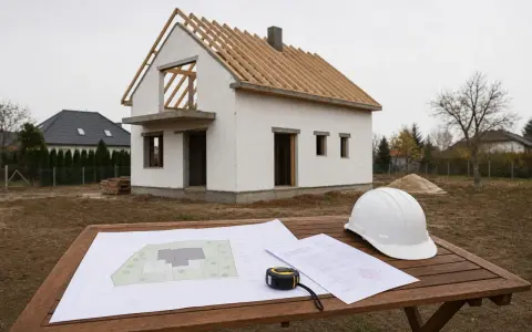 Na stole leżą plany i biały kask, obok budowa domu. Czy to będą domy bez pozwolenia, czy legalna inwestycja?