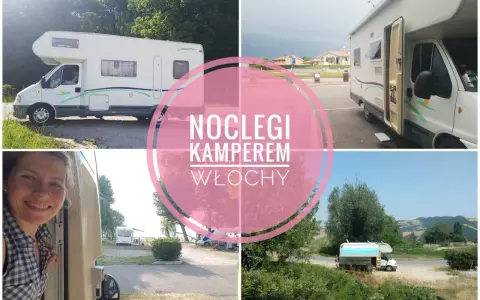 Uśmiechnięta kobieta wychyla się z kampera. Widok na różne miejsca postojowe dla kamperów we Włoszech.