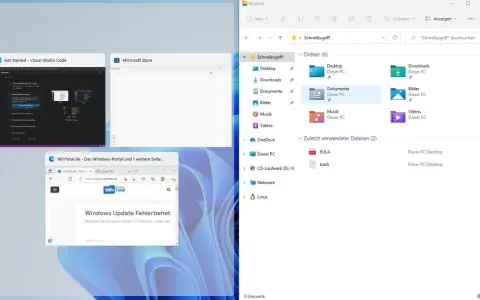 Windows 11 zeigt geöffnete Programme an. Hier wird gezeigt, wie man die Funktion "Windows 11 Fenster anordnen deaktivieren" kann, um die Übersicht zu behalten.