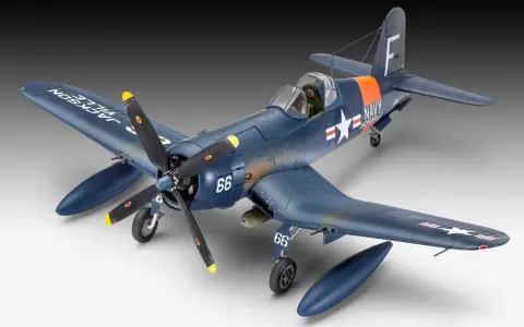 Ein detailliertes Modell eines dunkelblauen F4U-4 Corsair Flugzeugs mit der Aufschrift "JACKSONVILLE NAVY" und der Nummer 66.