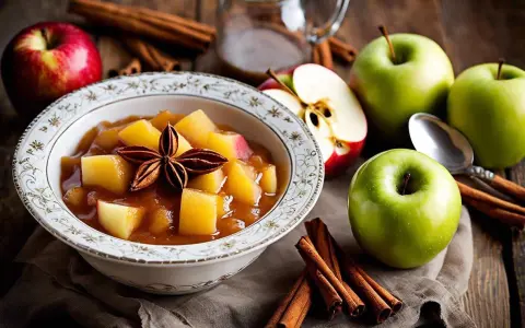 Délicieuse compote pommes mirabelles, garnie d'une étoile de badiane, entourée de pommes fraîches et de bâtons de cannelle sur fond de bois.