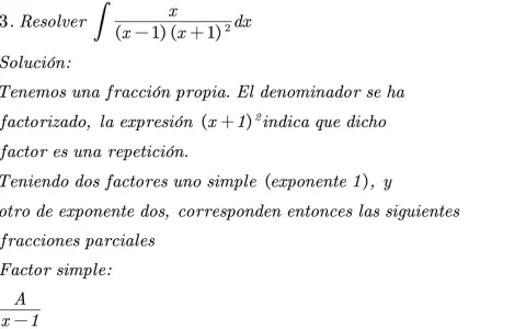 Resolviendo la integral usando fracciones parciales. El denominador tiene un factor repetido, (x+1)², lo que requiere una descomposición específica.