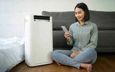 Donna controlla il suo smartphone vicino a un condizionatore portatile, uno dei tanti tipi di condizionatori moderni.