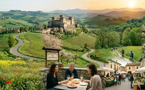 Scenic Italian countryside with a castle, vineyards, and people enjoying food and cycling, perfect for day trips from Parma, Italy.