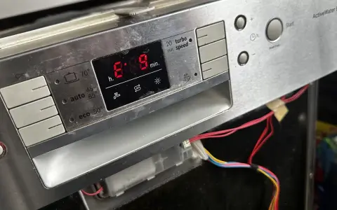 Zmywarka Bosch wyświetla błąd E09. Czerwony wyświetlacz pokazuje "8:09", sugerując problem z cyklem zmywania.