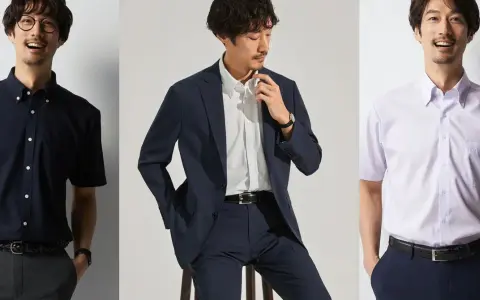 Three men showcase different dress shirt colors: navy, white, and light purple.