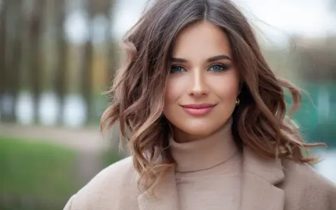 Kobieta z falowanymi włosami w stylu long bob, w beżowym płaszczu i golfie, uśmiecha się delikatnie.