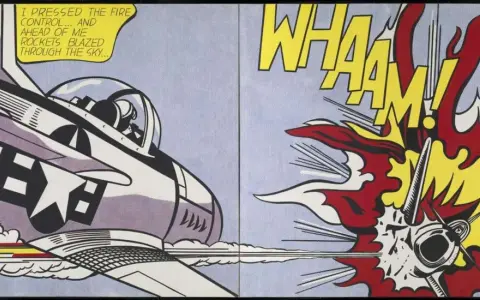 Famous Roy Lichtenstein pop art depicts a fighter jet firing rockets, with a massive explosion and "WHAAAM!" text.