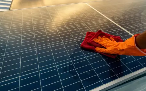 Ręka w pomarańczowej rękawiczce czyści panele fotowoltaiczne czerwoną ściereczką. Czyste panele to lepsza energia.