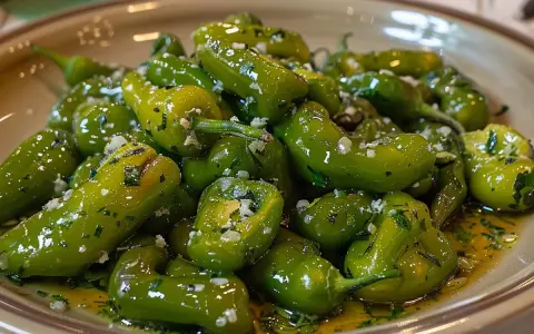 Pimientos verdes fritos con ajo y perejil, listos para disfrutar. Una delicia fácil de preparar.