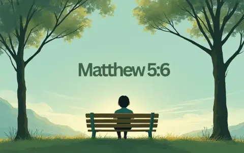A lone figure sits on a bench under two trees, gazing at mountains. Text reads "Matthew 5:6," reminding us, "Blessed are those who hunger and thirst for righteousness.