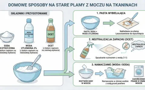 Domowe sposoby na plamy z moczu: pasta z sody i wody utlenionej, neutralizacja octem, namaczanie w wodzie z sodą.