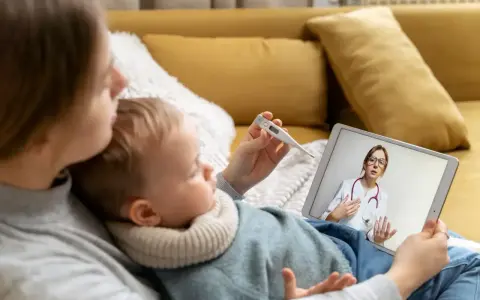 Mama mierzy temperaturę dziecku, konsultując się z lekarzem online. L4 na dziecko przez teleporadę.