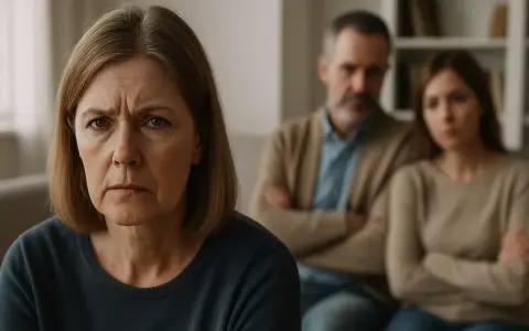 Zmarszczona kobieta patrzy wprost. W tle para z założonymi rękami. Kiedy nie należy się zachowek po rodzicach?