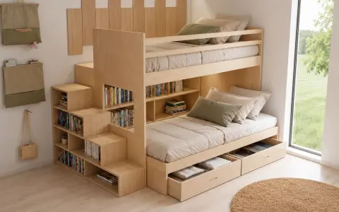 Soluzione salvaspazio per arredare cameretta 6 mq: letto a castello in legno con scalini contenitore e libreria integrata.