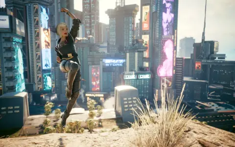 Una mujer salta en Night City, un escenario perfecto para tu cyberpunk 2077 guia.
