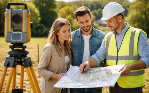 Geodeta w kamizelce i kasku omawia z parą mapę. W tle tachimetr, element państwowego zasobu geodezyjnego i kartograficznego.