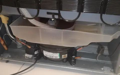 Widok wnętrza lodówki Whirlpool z widocznym kompresorem i tacą skraplacza.