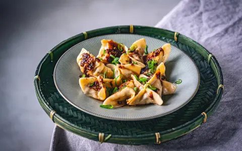 Gyoza vegetarisch, appetitlich mit würziger Soße und Frühlingszwiebeln garniert, auf einem Teller in einem grünen Bambuskorb serviert.