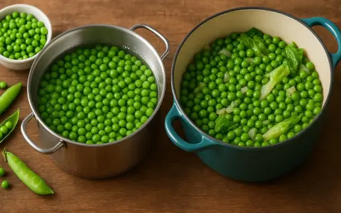 Deux casseroles de pois gourmand en cuisson. L'une contient des pois dans l'eau bouillante, l'autre des pois cuits avec des feuilles vertes.