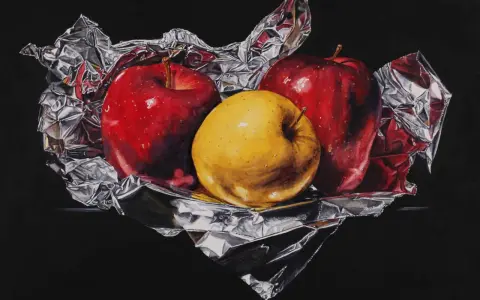 A still life painting by skilled artists depicts two red apples and one yellow apple nestled in crumpled silver foil against a black background.