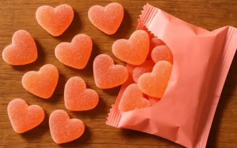 Dulces en forma de corazón, con un delicioso sabor a corazon de melocoton, esparcidos sobre una mesa de madera y saliendo de un paquete rosa.