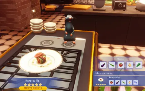 Remy prepara ratatouille en Dreamlight Valley. El libro de cocina muestra los ingredientes para esta receta.
