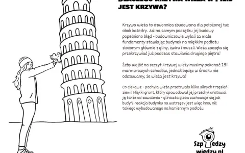 Dziewczynka z kotkiem przy krzywej wieży w Pizie. Dlaczego wieża w Pizie jest krzywa? Bo budowniczowie popełnili błąd.