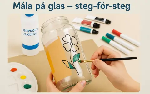 En hand målar en blomma på ett glas med en pensel. Material som isopropanol och färgpennor ligger bredvid.