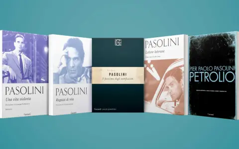 Copertine di opere di Pier Paolo Pasolini: "Una vita violenta", "Ragazzi di vita", "Il fascismo degli antifascisti", "Lettere luterane" e "Petrolio".