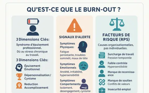 Infographie sur le burn-out, maladie professionnelle reconnue par l'Ameli. Elle détaille les dimensions clés, les signaux d'alerte et les facteurs de risque.