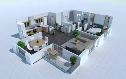 Un progetto di casa moderna con cucina, soggiorno, camera da letto e bagno, ideato con intelligenza artificiale per arredare casa.