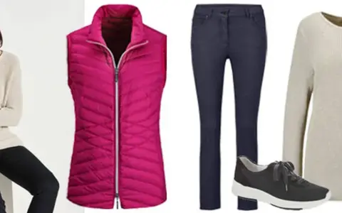 Outfit-Ideen für 12 Grad: Beiger Pullover, pinke Weste, dunkle Jeans und Sneaker. Perfekt für kühle Tage.