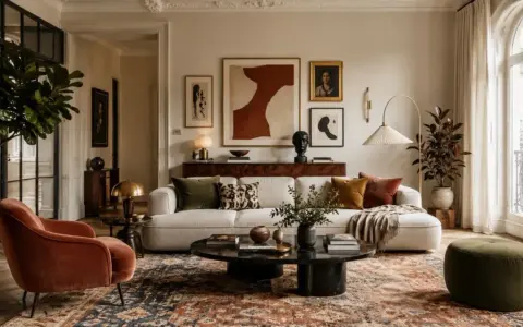 Przytulny salon w stylu naturalnym. Miękka sofa, aksamitny fotel i bogaty dywan tworzą ciepłą atmosferę.