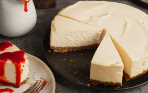 Ein cremiger New York Cheesecake, das Original-Rezept, mit einem Stück auf einem Teller, beträufelt mit roter Soße.