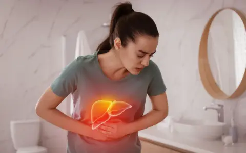 Kobieta trzyma się za brzuch, gdzie widoczna jest podświetlona wątroba. Czy to objaw choroby?