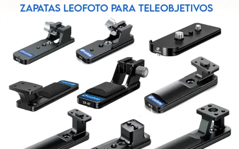Varias zapatas Leofoto para cámara, diseñadas para teleobjetivos, con diferentes formas y tamaños.