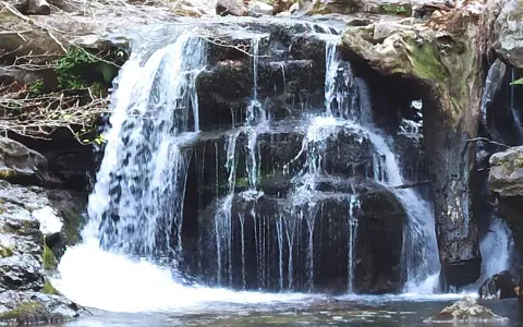 Cascada en el **valle de Cabuérniga**, con agua cayendo en varios niveles sobre rocas oscuras y musgosas, formando un remanso tranquilo.