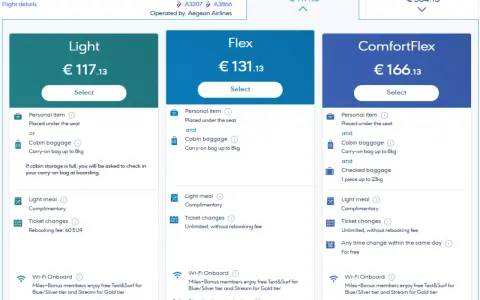 Jämför priser för Aegean Airlines handbagage. Välj mellan Light, Flex och ComfortFlex för din resa.