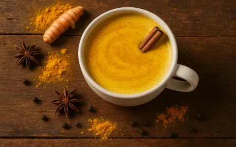 Une tasse de lait au curcuma, avec une bâton de cannelle, sur fond de bois. Autour, des épices : curcuma, anis étoilé, poivre noir.