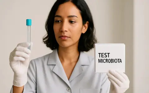 Donna con guanti tiene provetta e cartello "TEST MICROBIOTA".