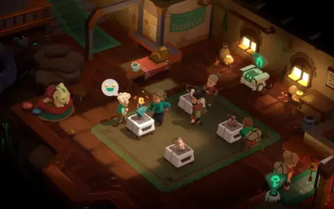 Personajes interactúan en una tienda de **Moonlighter 2**. Un pequeño robot sonriente se acerca a un cliente.